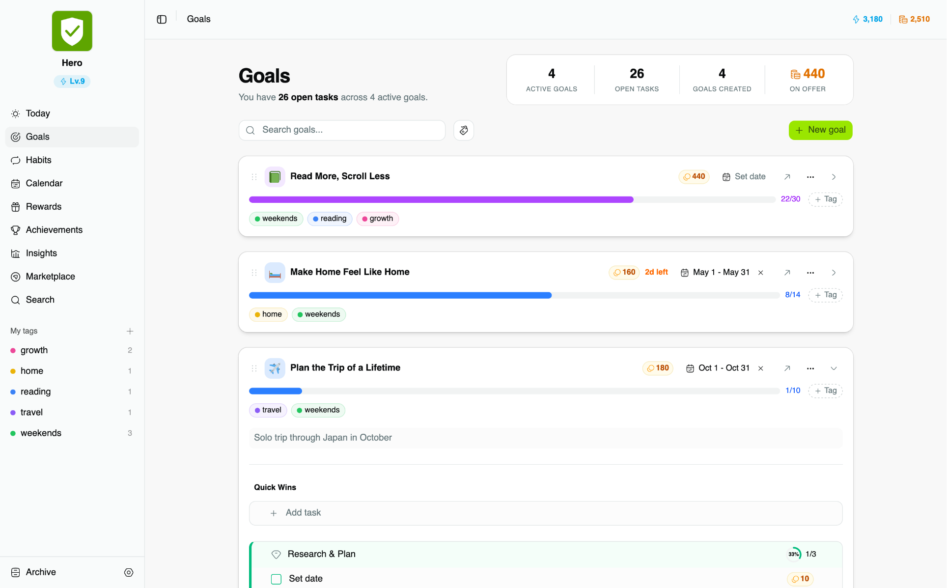 DoneHero goals page with epics and tasks