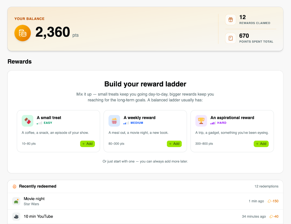Rewards shop with redeemable items